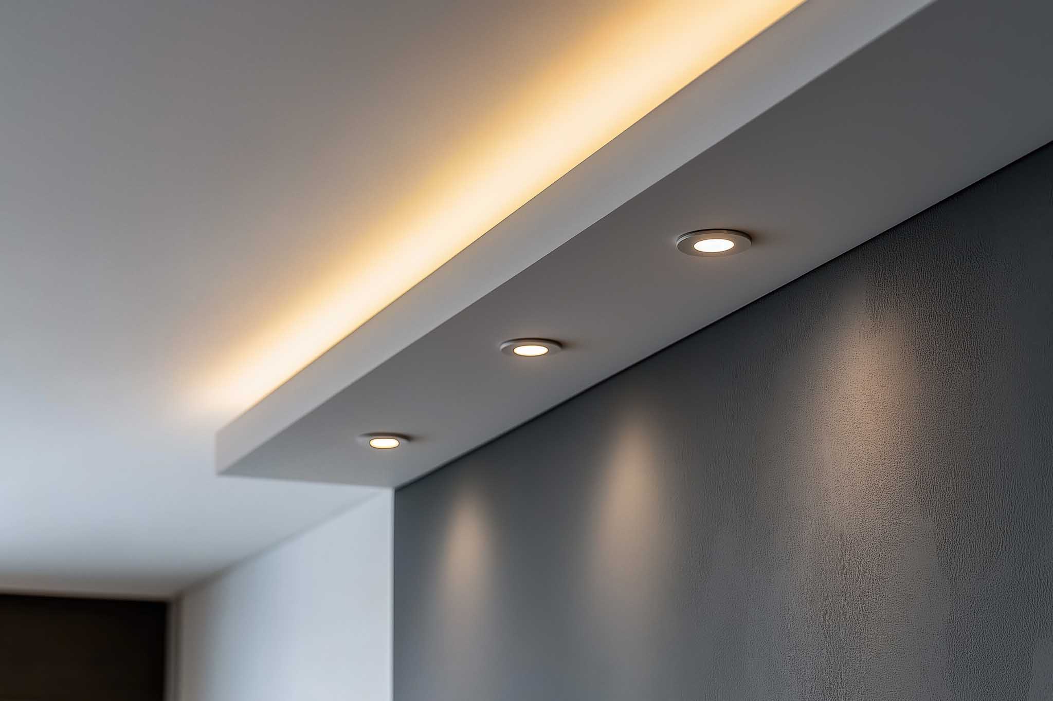 Modern interior design combining cove and recessed lighting