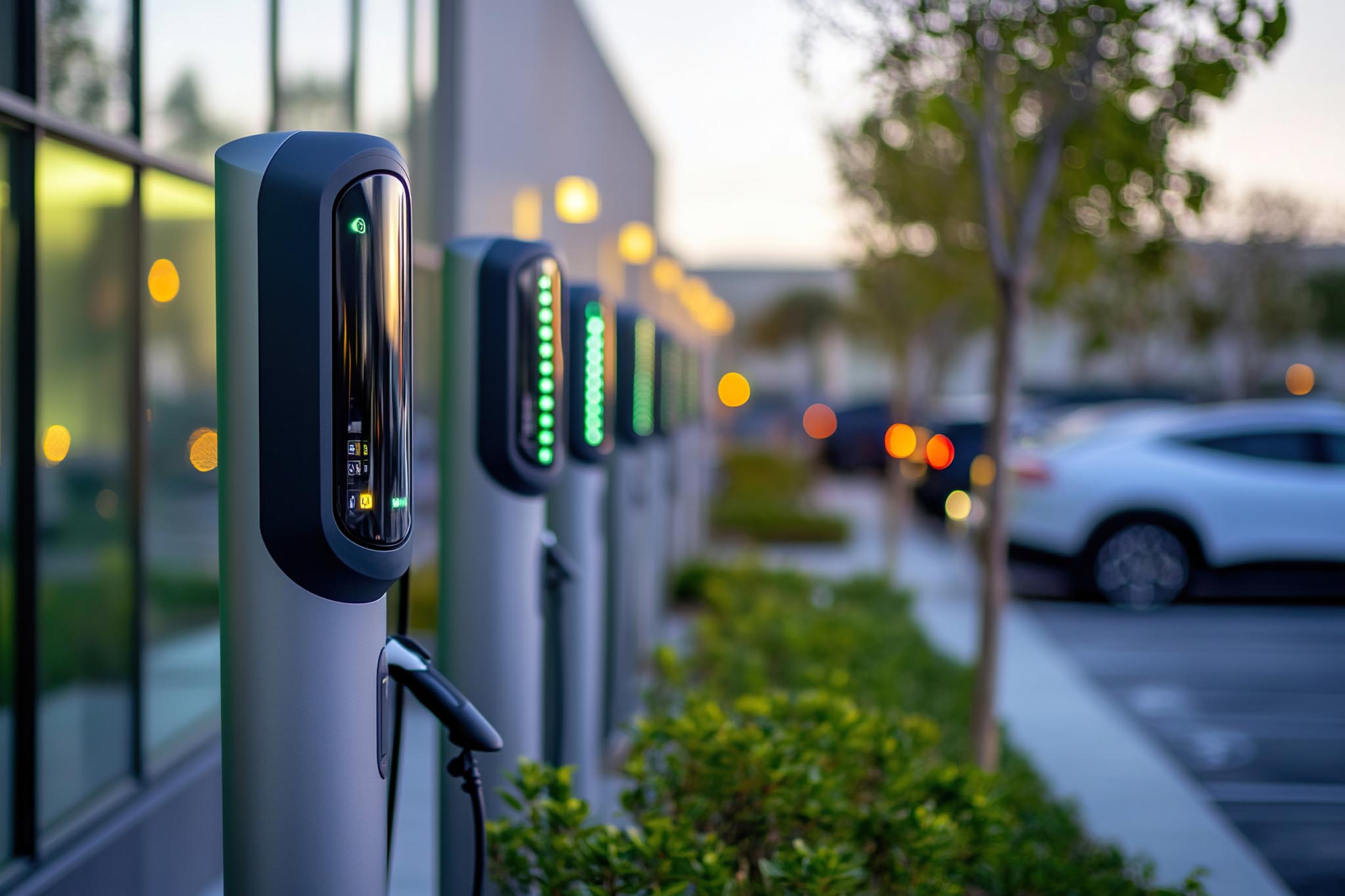 A row of modern electric vehicle charging stations in front of an office building, with cars parked nearby. Green industry