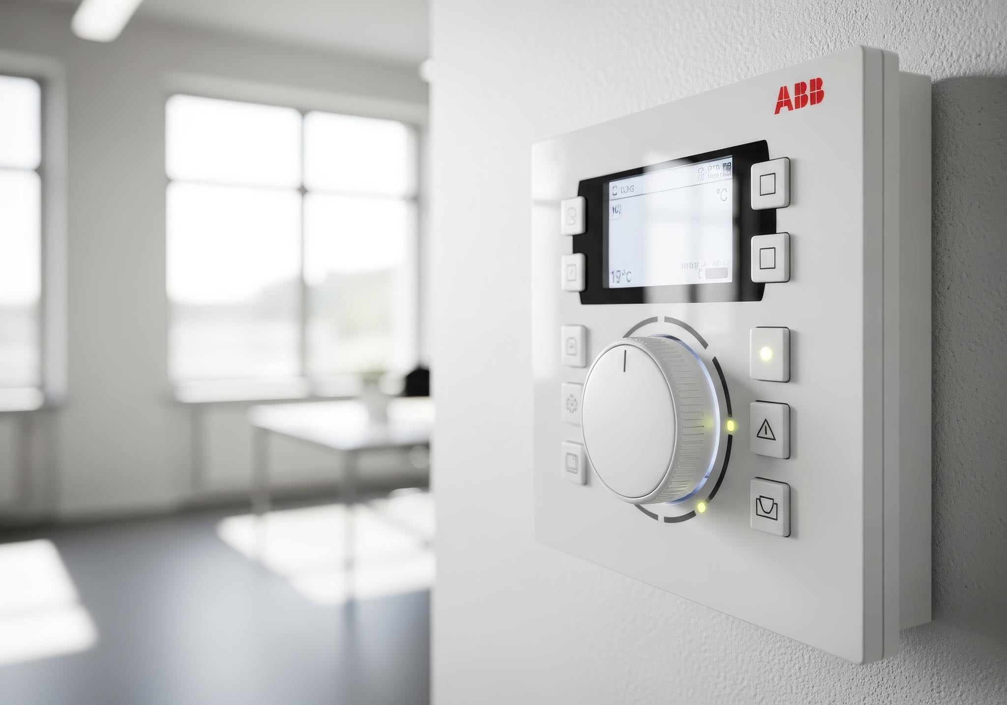 Modern white digital thermostat is mounted on a wall in a bright office environment.